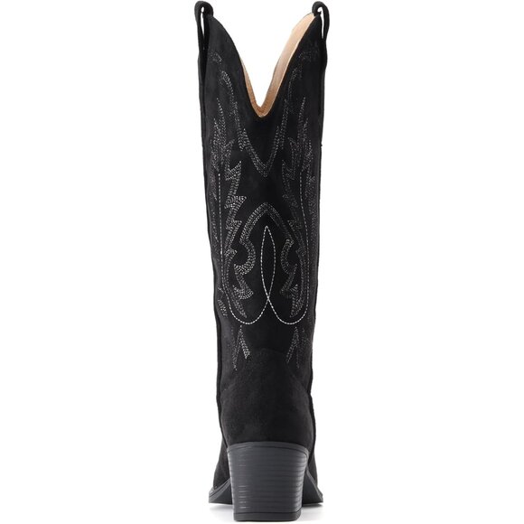 Women Black Chunky Heel Pointed Toe Cowgirl Mid Calf Embroidery Western Boots - Picture 6 of 6
